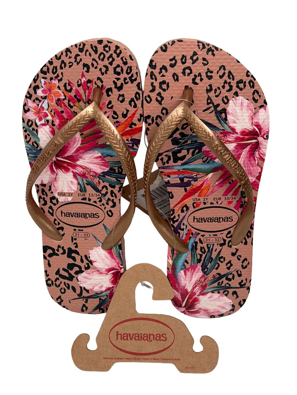 NWT Havaianas CROCUS Rose Pink Floral & Leopard Print Flip Flops, Kids / Youth 2